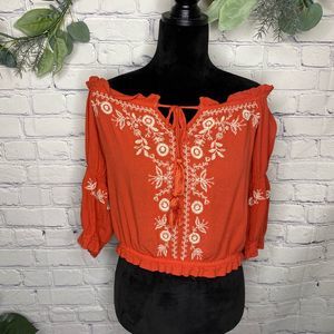 AEO Orange floral embroidered off shoulder top